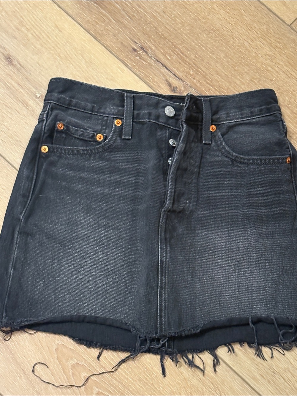Levi's Black Button-Fly Frayed Denim Mini Skirt